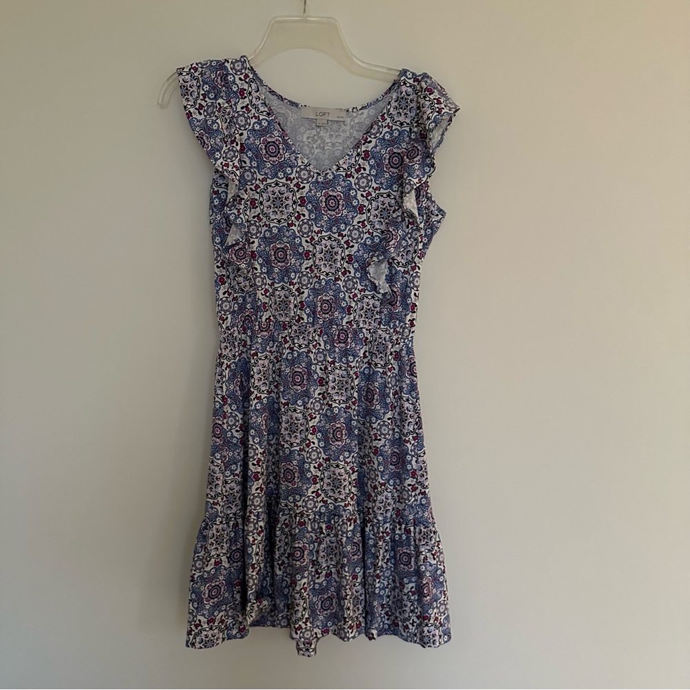Loft Size 2P Petite Blue Red White Paisley Decorative Ruffle Casual Dress